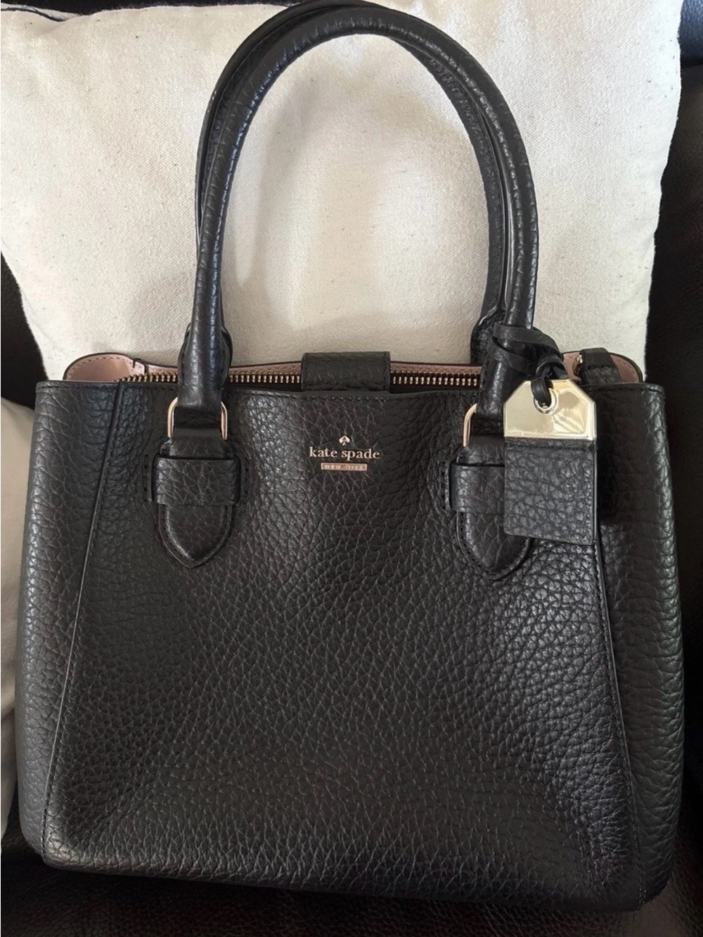 kate spade New York Carter Aliana black pebbled leather satchel with gold accent